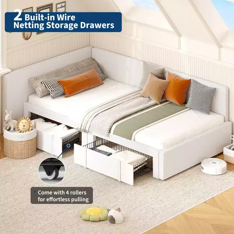 Lit de repos double avec 2 tiroirs de rangement, cadre de lit d'angle avec tête de lit et barrières de lit étendues, pour bureau à domicile
