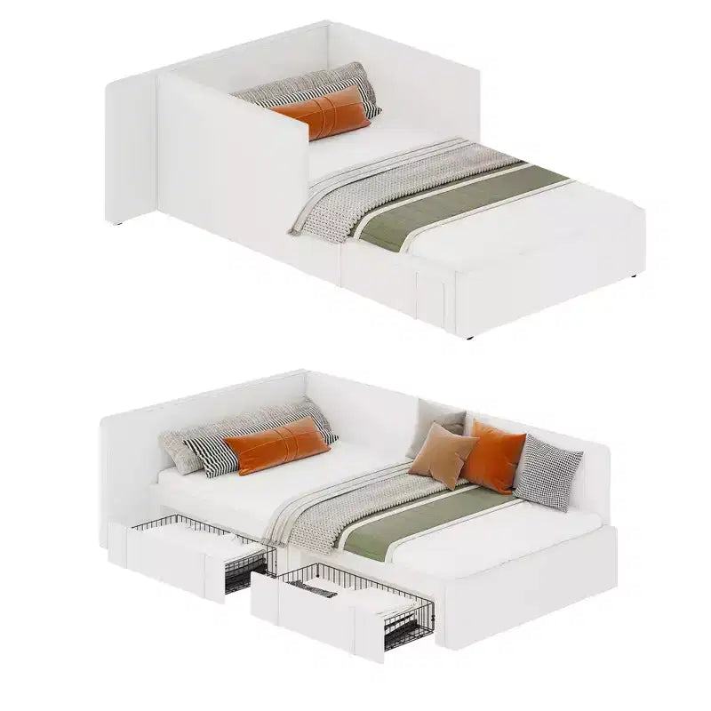 Lit de repos double avec 2 tiroirs de rangement, cadre de lit d'angle avec tête de lit et barrières de lit étendues, pour bureau à domicile