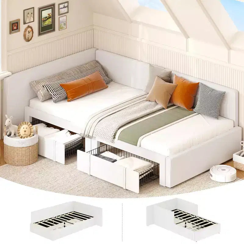 Twin Daybed with 2 Storage Drawers, Corner Bed Frame with Extended Headboard and Bed Rails, for Home Office