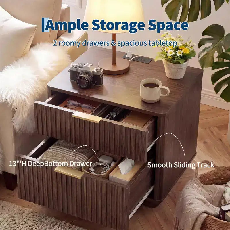 Lot de 2 tables de chevet cannelées modernes de 58 cm avec station de charge, tables de chevet incurvées en bois de style Mid-Century avec 2 tiroirs, tables d'appoint pour chambre à coucher et canapé