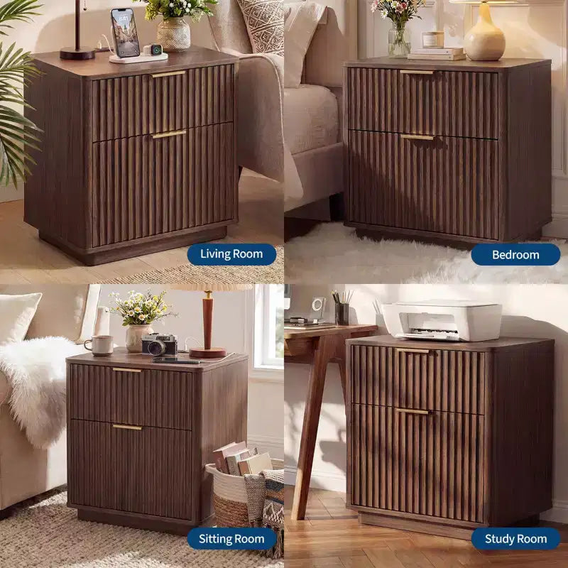 Lot de 2 tables de chevet cannelées modernes de 58 cm avec station de charge, tables de chevet incurvées en bois de style Mid-Century avec 2 tiroirs, tables d'appoint pour chambre à coucher et canapé