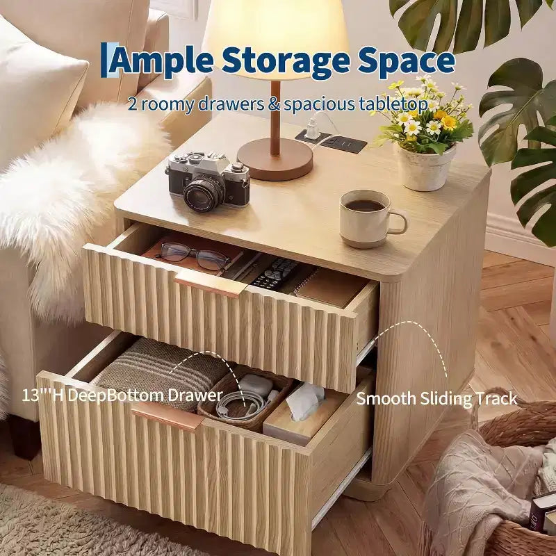 Lot de 2 tables de chevet cannelées modernes de 58 cm avec station de charge, tables de chevet incurvées en bois de style Mid-Century avec 2 tiroirs, tables d'appoint pour chambre à coucher et canapé