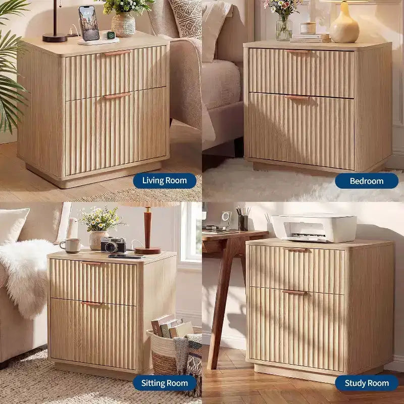 Lot de 2 tables de chevet cannelées modernes de 58 cm avec station de charge, tables de chevet incurvées en bois de style Mid-Century avec 2 tiroirs, tables d'appoint pour chambre à coucher et canapé