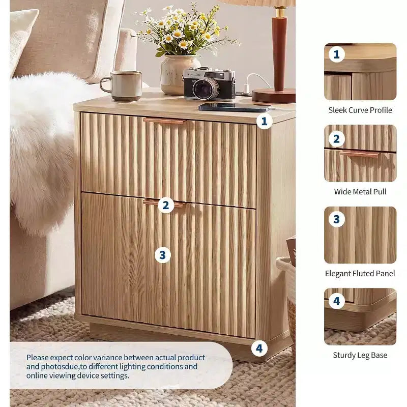 Lot de 2 tables de chevet cannelées modernes de 58 cm avec station de charge, tables de chevet incurvées en bois de style Mid-Century avec 2 tiroirs, tables d'appoint pour chambre à coucher et canapé