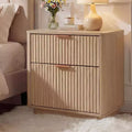 Set of 2 Modern 23 Fluted Nightstands w/ Charging Station, Mid-Century Curved Wood Bedside Table w/ 2 Drawers, End Table for Bedroom & Couch