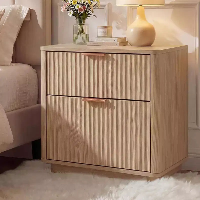 Set of 2 Modern 23 Fluted Nightstands w/ Charging Station, Mid-Century Curved Wood Bedside Table w/ 2 Drawers, End Table for Bedroom & Couch