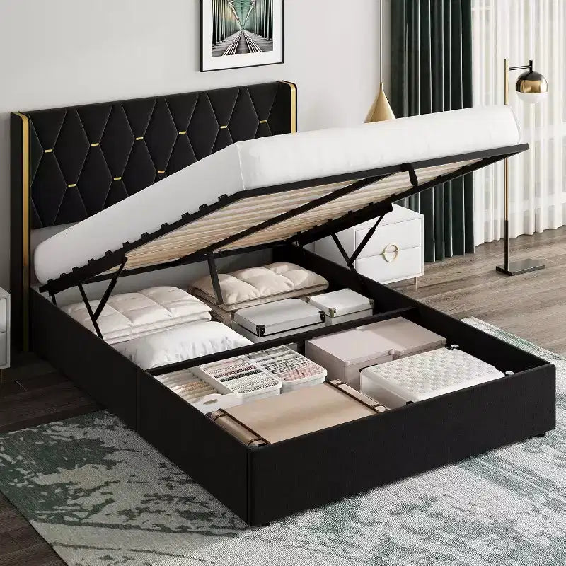GustoWave Velvet Upholstered Lift Up Storage Bed Frame with Hydraulic Support