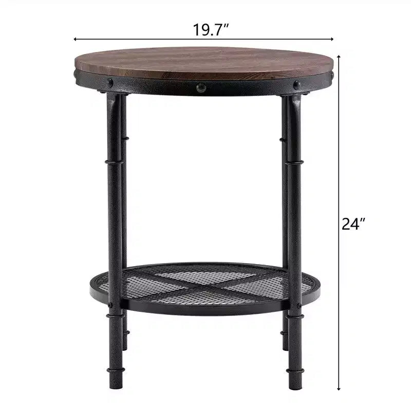 Table d'appoint en fer à double couche Triamine, ronde, motif grain de bois tridimensionnel sur fond marron avec motifs noirs