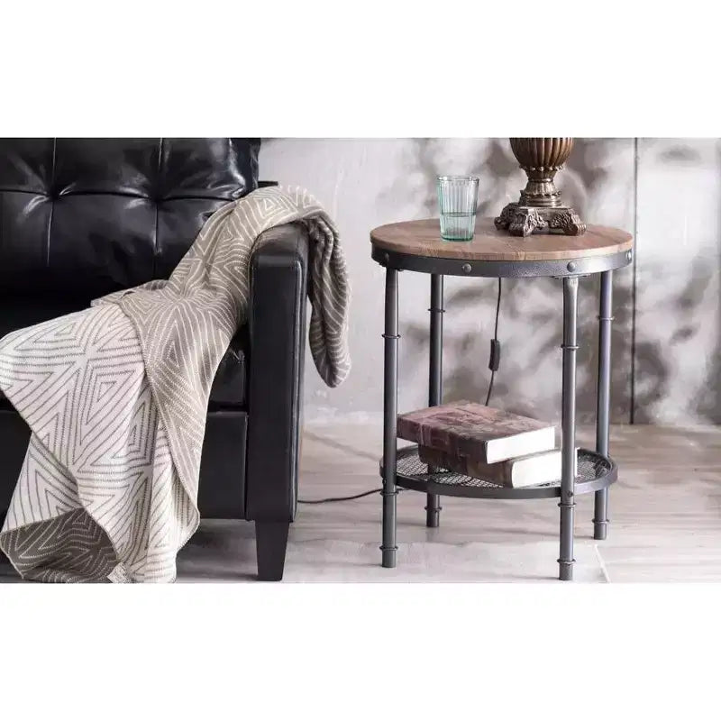 Table d'appoint en fer à double couche Triamine, ronde, motif grain de bois tridimensionnel sur fond marron avec motifs noirs