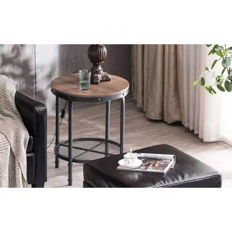 Table d'appoint en fer à double couche Triamine, ronde, motif grain de bois tridimensionnel sur fond marron avec motifs noirs