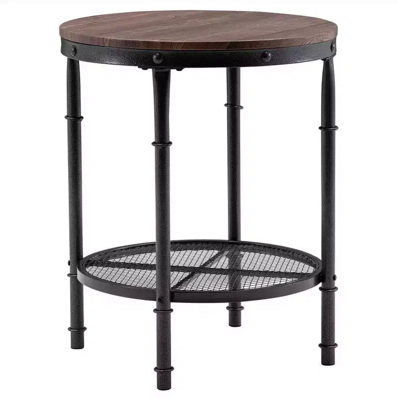 Table d'appoint en fer à double couche Triamine, ronde, motif grain de bois tridimensionnel sur fond marron avec motifs noirs