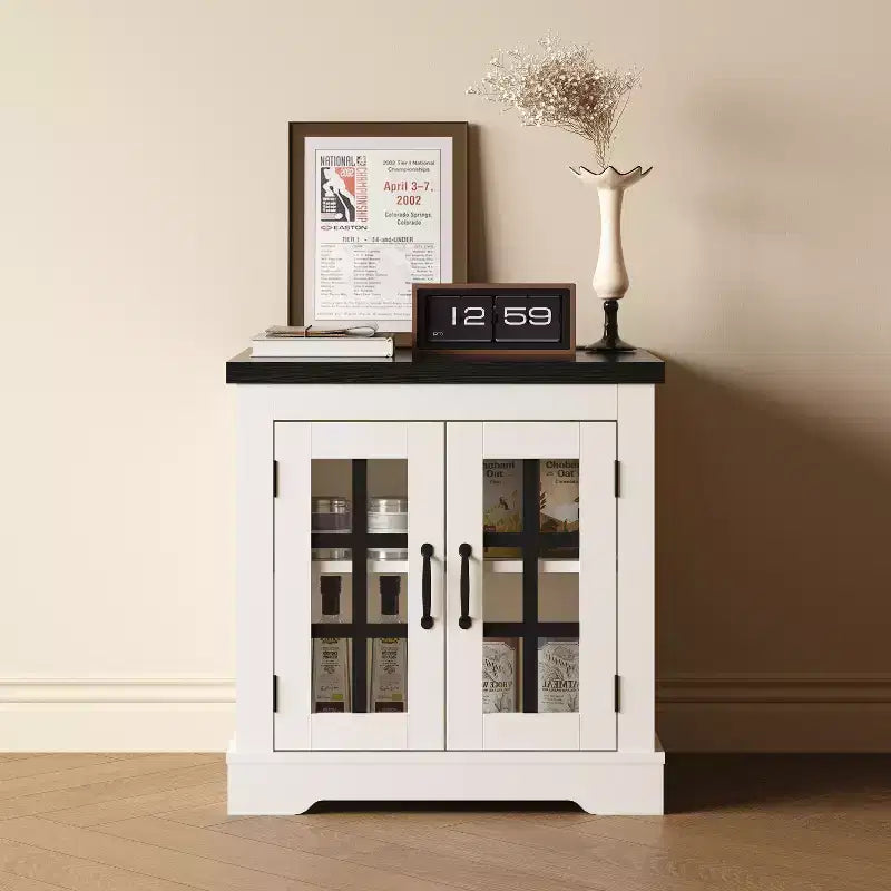 Buffet Bahut Contemporain avec Portes Vitrées et Prise Électrique, Armoire de Rangement pour Cuisine, Bar à Café et Salon, Petite ou Grande Taille