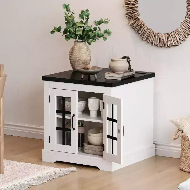 Buffet Bahut Contemporain avec Portes Vitrées et Prise Électrique, Armoire de Rangement pour Cuisine, Bar à Café et Salon, Petite ou Grande Taille