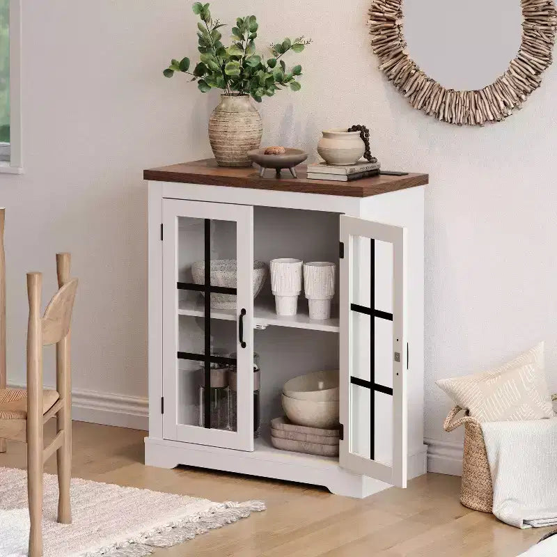 Buffet Bahut Contemporain avec Portes Vitrées et Prise Électrique, Armoire de Rangement pour Cuisine, Bar à Café et Salon, Petite ou Grande Taille