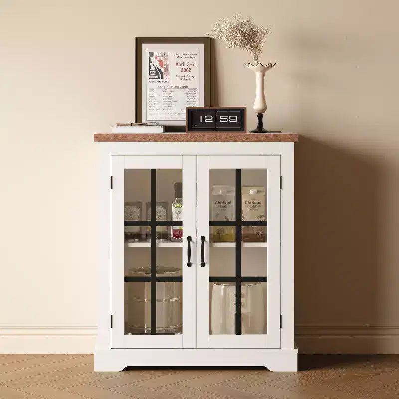 Buffet Bahut Contemporain avec Portes Vitrées et Prise Électrique, Armoire de Rangement pour Cuisine, Bar à Café et Salon, Petite ou Grande Taille