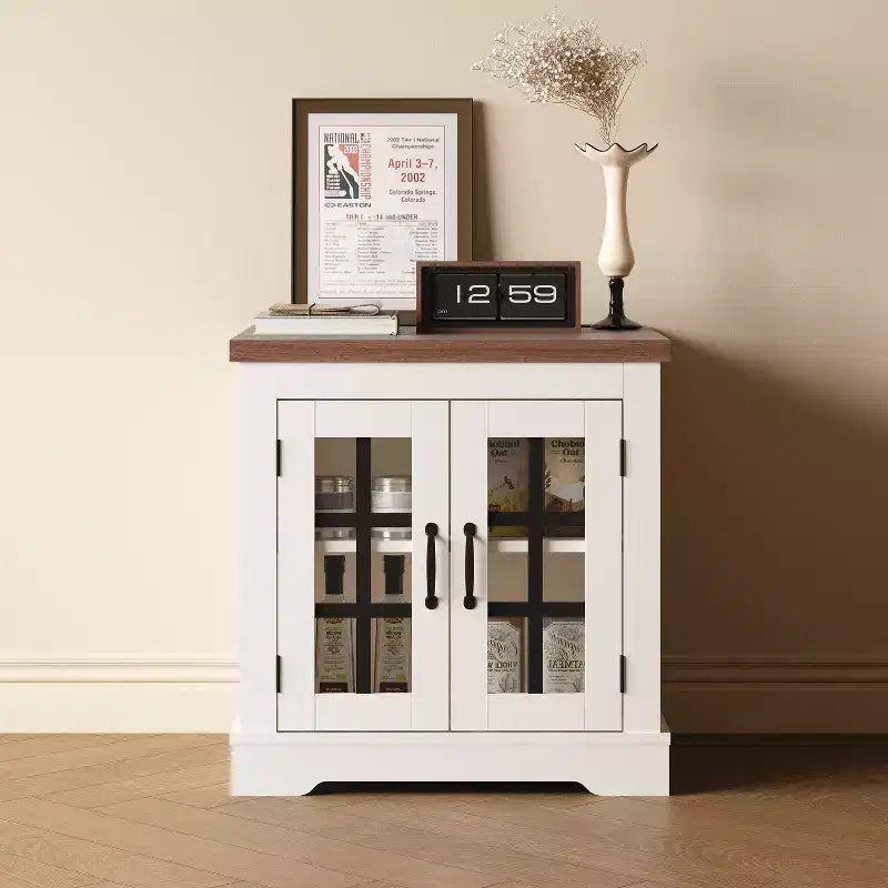 Buffet Bahut Contemporain avec Portes Vitrées et Prise Électrique, Armoire de Rangement pour Cuisine, Bar à Café et Salon, Petite ou Grande Taille