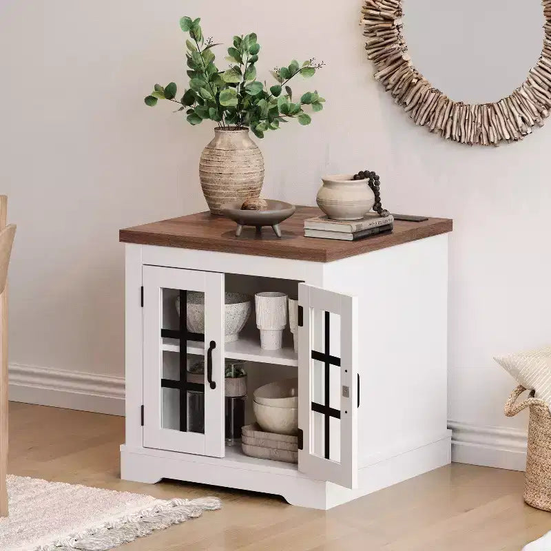 Buffet Bahut Contemporain avec Portes Vitrées et Prise Électrique, Armoire de Rangement pour Cuisine, Bar à Café et Salon, Petite ou Grande Taille