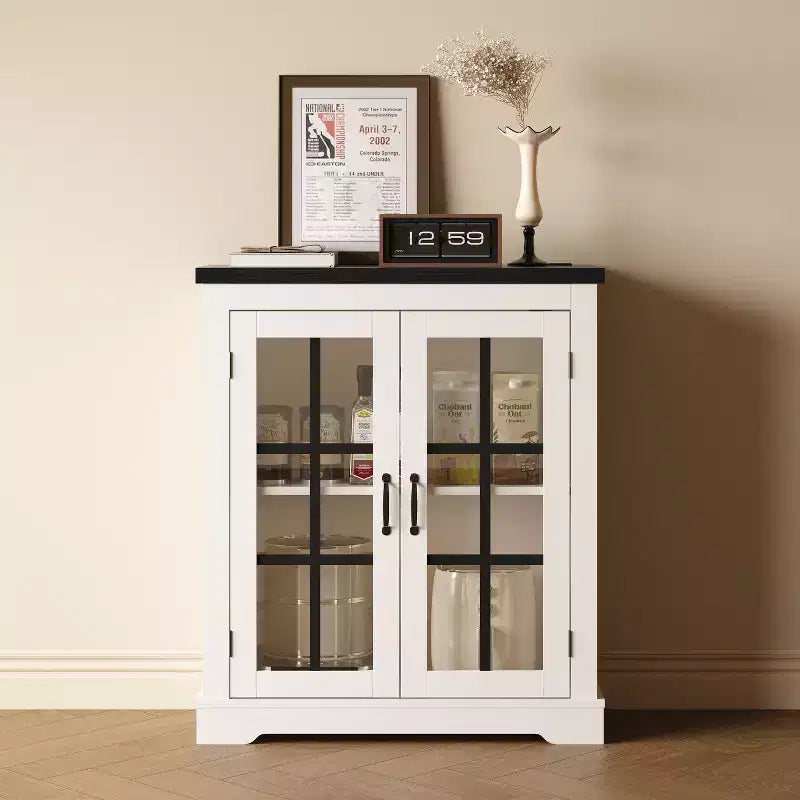 Buffet Bahut Contemporain avec Portes Vitrées et Prise Électrique, Armoire de Rangement pour Cuisine, Bar à Café et Salon, Petite ou Grande Taille