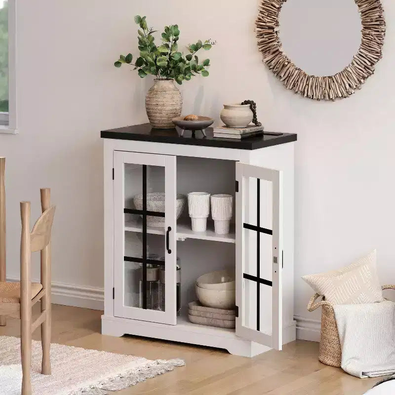 Buffet Bahut Contemporain avec Portes Vitrées et Prise Électrique, Armoire de Rangement pour Cuisine, Bar à Café et Salon, Petite ou Grande Taille