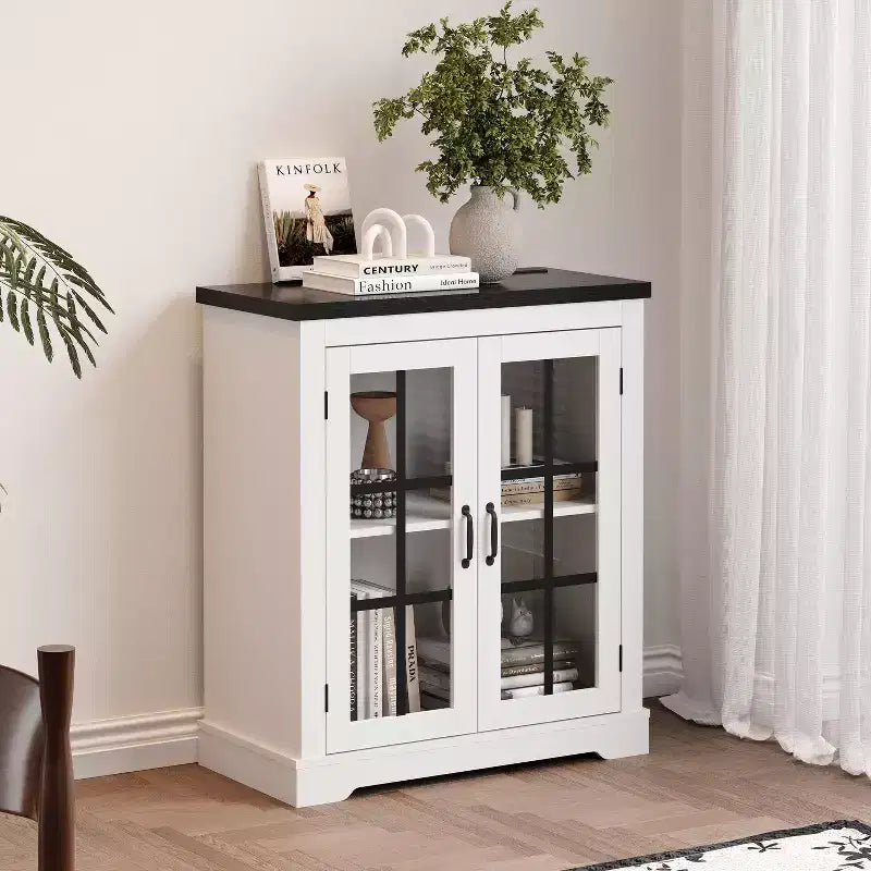 Contemporary Sideboard Buffet Cabinet with Glass Doors and Power Outlet, Storage Cabinet for Kitchen, Coffee Bar and Living Room, Small or Big Size