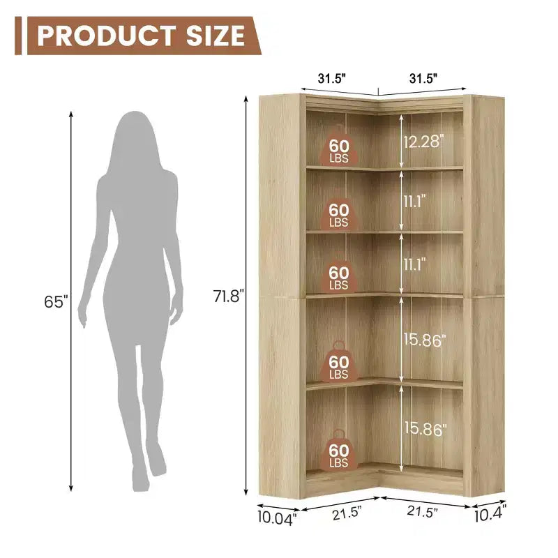 Étagère d'angle en L robuste de 182,4 cm de haut pour bureau, bibliothèque ouverte à 5 niveaux, grande étagère de présentation en bois, pour salon ou chambre à coucher