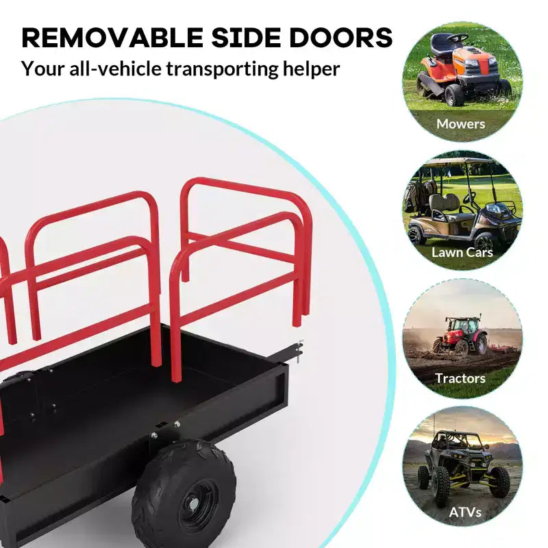 Remorque basculante utilitaire VTT robuste 1700 lb - Chariot de jardin et de cour en acier de 17 pi³ - Ridelles amovibles pour un chargement facile - À tracter derrière les tondeuses à gazon