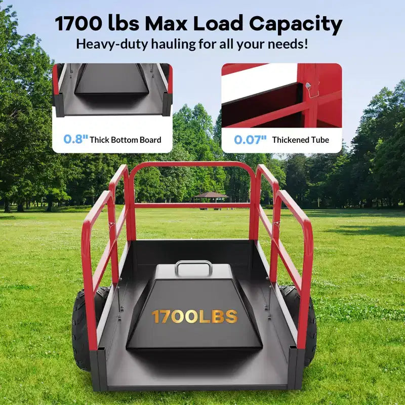 Remorque basculante utilitaire VTT robuste 1700 lb - Chariot de jardin et de cour en acier de 17 pi³ - Ridelles amovibles pour un chargement facile - À tracter derrière les tondeuses à gazon