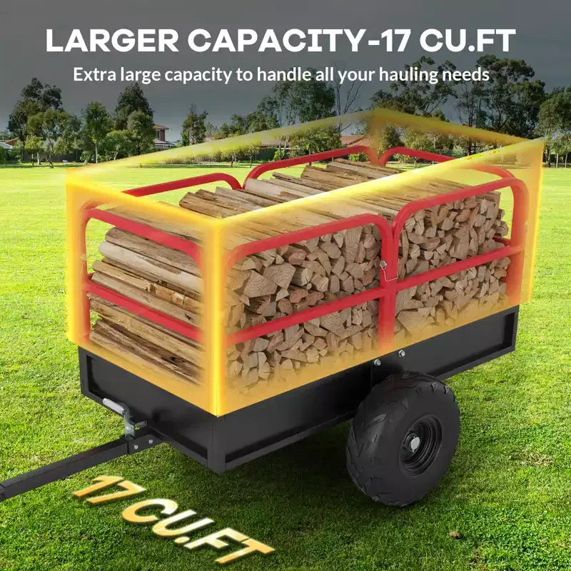 Remorque basculante utilitaire VTT robuste 1700 lb - Chariot de jardin et de cour en acier de 17 pi³ - Ridelles amovibles pour un chargement facile - À tracter derrière les tondeuses à gazon