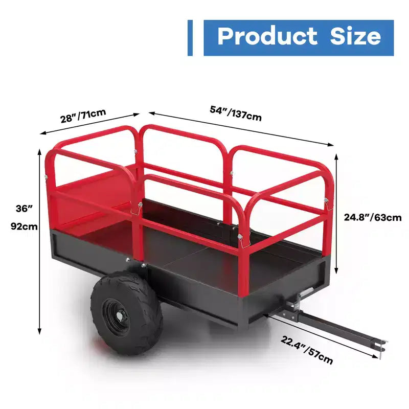 Remorque basculante utilitaire VTT robuste 1700 lb - Chariot de jardin et de cour en acier de 17 pi³ - Ridelles amovibles pour un chargement facile - À tracter derrière les tondeuses à gazon