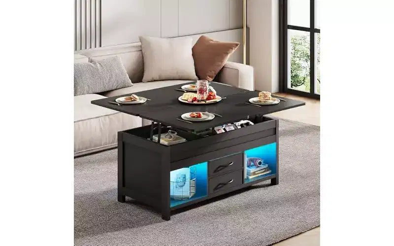 Table Basse Relevable DEXYLLO 40, Table Basse 4 en 1 avec Rangement, 2 Tiroirs en Tissu, Lumière LED et USB, Noir
