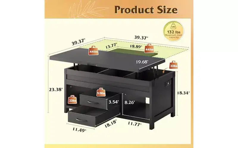 Table Basse Relevable DEXYLLO 40, Table Basse 4 en 1 avec Rangement, 2 Tiroirs en Tissu, Lumière LED et USB, Noir