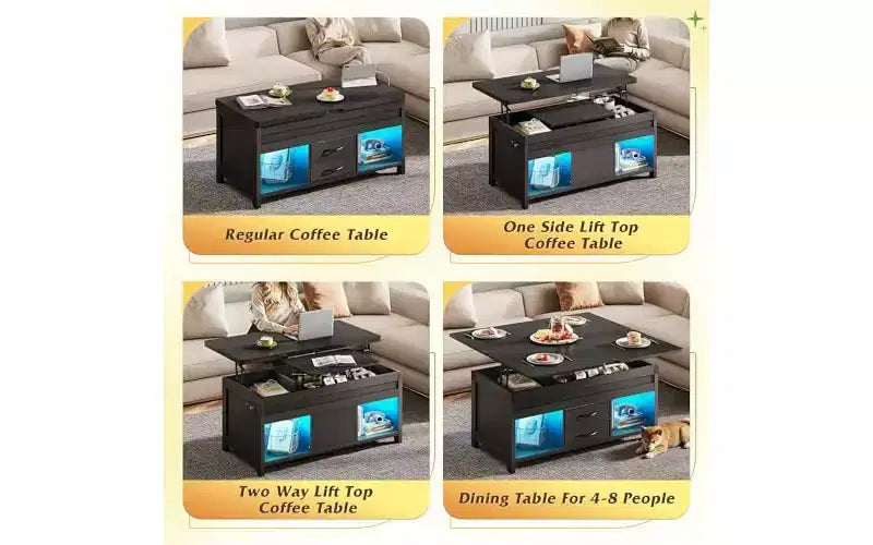 Table Basse Relevable DEXYLLO 40, Table Basse 4 en 1 avec Rangement, 2 Tiroirs en Tissu, Lumière LED et USB, Noir