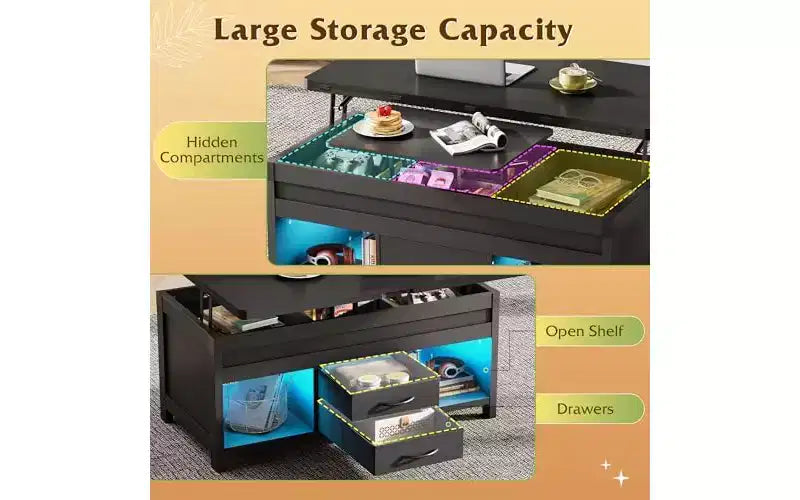 Table Basse Relevable DEXYLLO 40, Table Basse 4 en 1 avec Rangement, 2 Tiroirs en Tissu, Lumière LED et USB, Noir