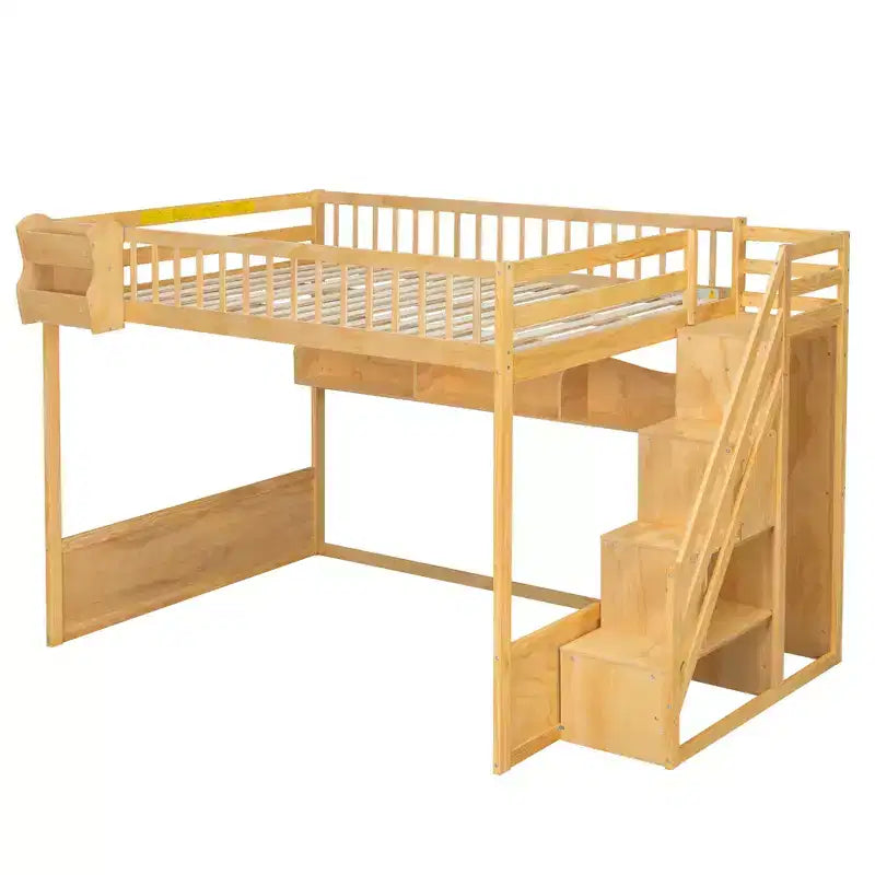 Lit mezzanine en bois Queen Size avec escalier et armoire, lit superposé haut avec espace sous le lit et étagères de rangement ouvertes pratiques pour enfants et adolescents
