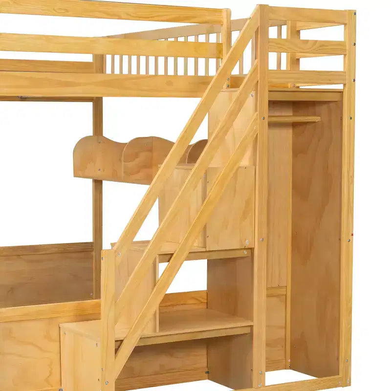 Lit mezzanine en bois Queen Size avec escalier et armoire, lit superposé haut avec espace sous le lit et étagères de rangement ouvertes pratiques pour enfants et adolescents