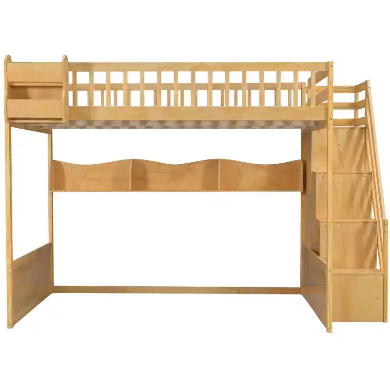 Lit mezzanine en bois Queen Size avec escalier et armoire, lit superposé haut avec espace sous le lit et étagères de rangement ouvertes pratiques pour enfants et adolescents