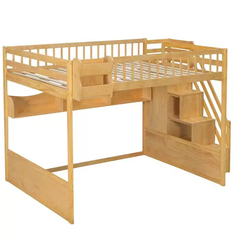 Lit mezzanine en bois Queen Size avec escalier et armoire, lit superposé haut avec espace sous le lit et étagères de rangement ouvertes pratiques pour enfants et adolescents