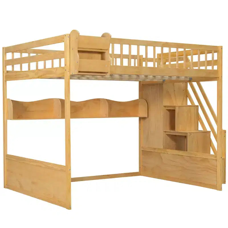 Lit mezzanine en bois Queen Size avec escalier et armoire, lit superposé haut avec espace sous le lit et étagères de rangement ouvertes pratiques pour enfants et adolescents