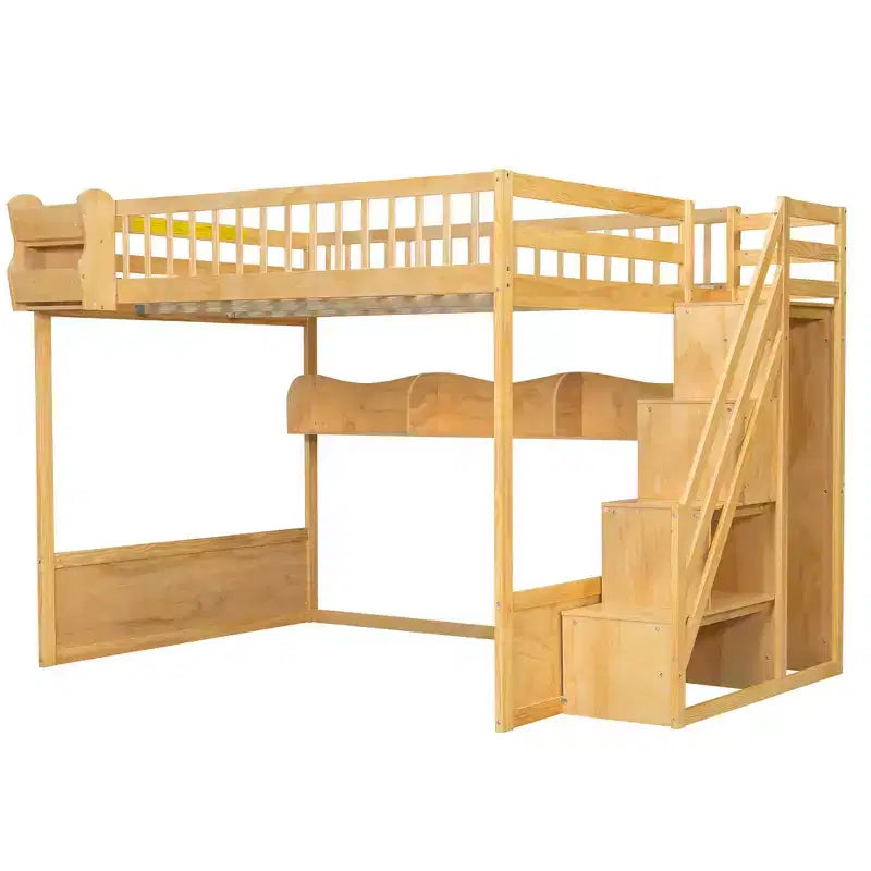 Lit mezzanine en bois Queen Size avec escalier et armoire, lit superposé haut avec espace sous le lit et étagères de rangement ouvertes pratiques pour enfants et adolescents