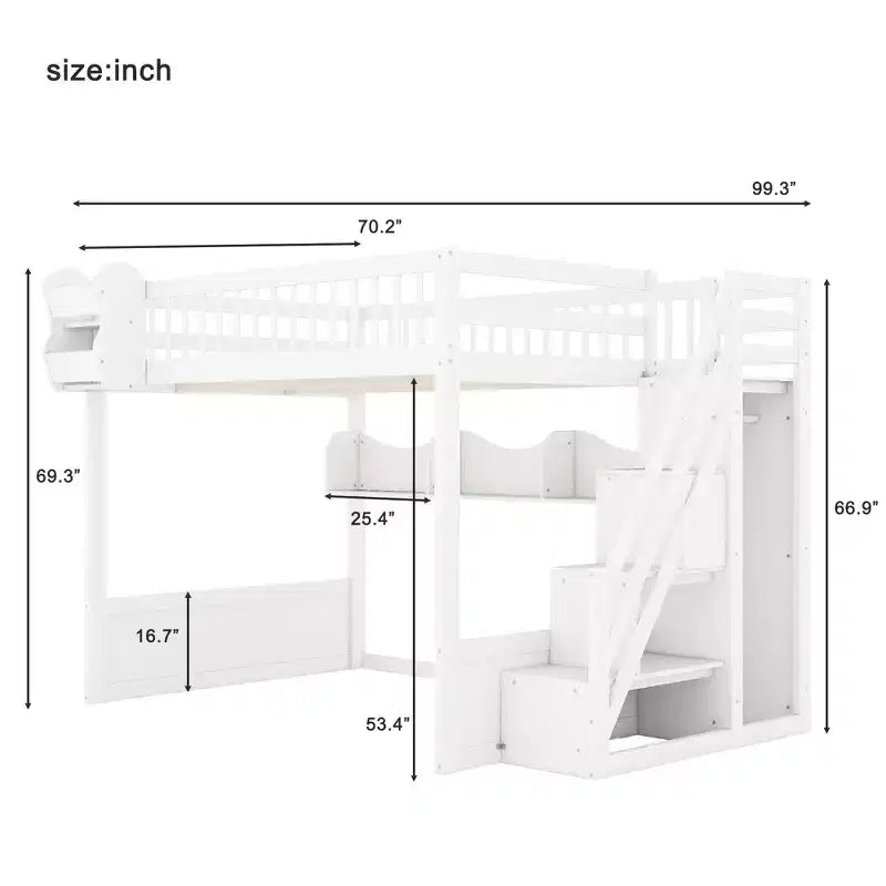 Lit mezzanine en bois Queen Size avec escalier et armoire, lit superposé haut avec espace sous le lit et étagères de rangement ouvertes pratiques pour enfants et adolescents