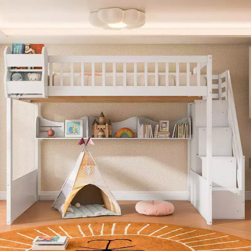 Lit mezzanine en bois Queen Size avec escalier et armoire, lit superposé haut avec espace sous le lit et étagères de rangement ouvertes pratiques pour enfants et adolescents
