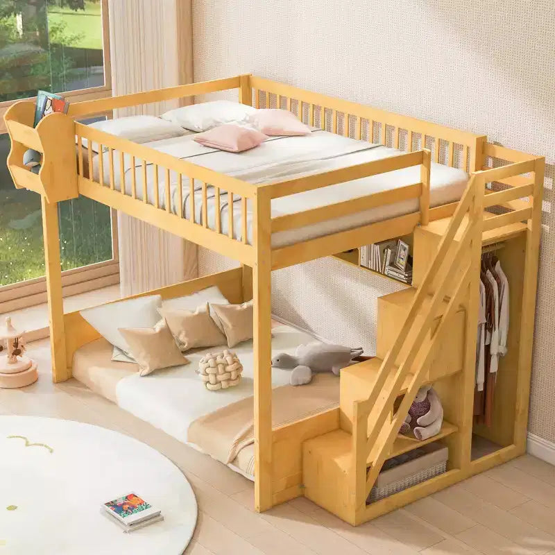 Lit mezzanine en bois Queen Size avec escalier et armoire, lit superposé haut avec espace sous le lit et étagères de rangement ouvertes pratiques pour enfants et adolescents