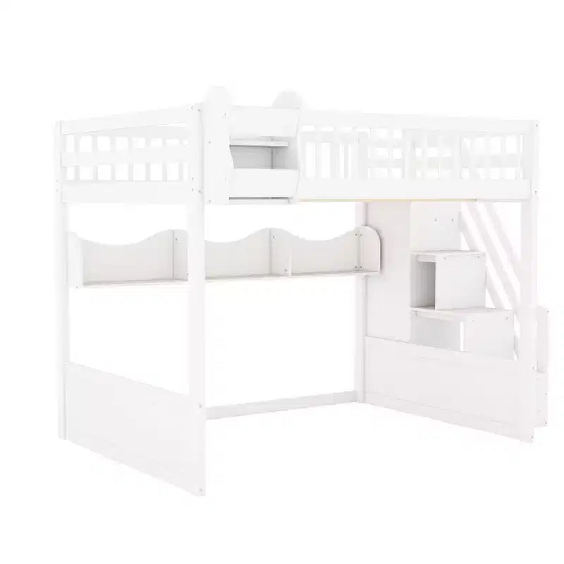 Lit mezzanine en bois Queen Size avec escalier et armoire, lit superposé haut avec espace sous le lit et étagères de rangement ouvertes pratiques pour enfants et adolescents