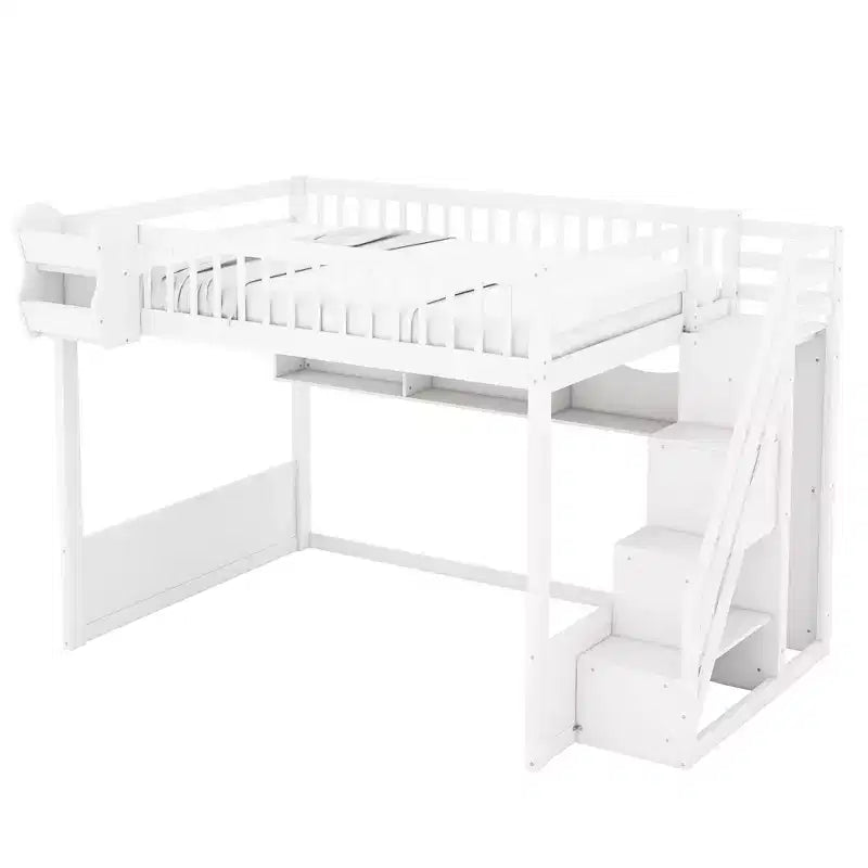 Lit mezzanine en bois Queen Size avec escalier et armoire, lit superposé haut avec espace sous le lit et étagères de rangement ouvertes pratiques pour enfants et adolescents