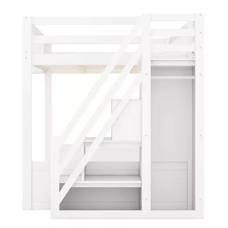 Lit mezzanine en bois Queen Size avec escalier et armoire, lit superposé haut avec espace sous le lit et étagères de rangement ouvertes pratiques pour enfants et adolescents