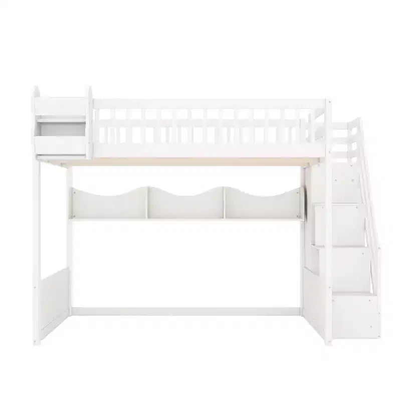 Lit mezzanine en bois Queen Size avec escalier et armoire, lit superposé haut avec espace sous le lit et étagères de rangement ouvertes pratiques pour enfants et adolescents