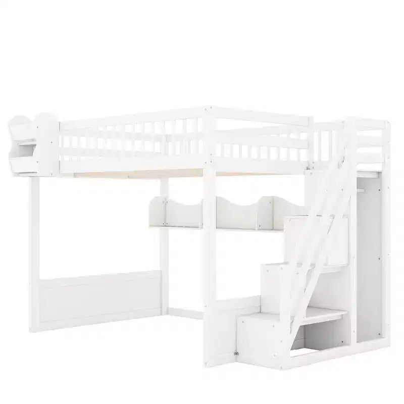 Lit mezzanine en bois Queen Size avec escalier et armoire, lit superposé haut avec espace sous le lit et étagères de rangement ouvertes pratiques pour enfants et adolescents