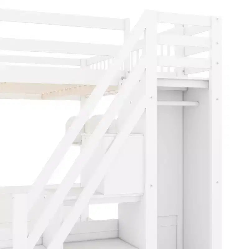 Lit mezzanine en bois Queen Size avec escalier et armoire, lit superposé haut avec espace sous le lit et étagères de rangement ouvertes pratiques pour enfants et adolescents