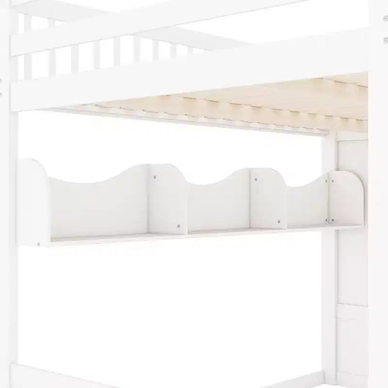 Lit mezzanine en bois Queen Size avec escalier et armoire, lit superposé haut avec espace sous le lit et étagères de rangement ouvertes pratiques pour enfants et adolescents