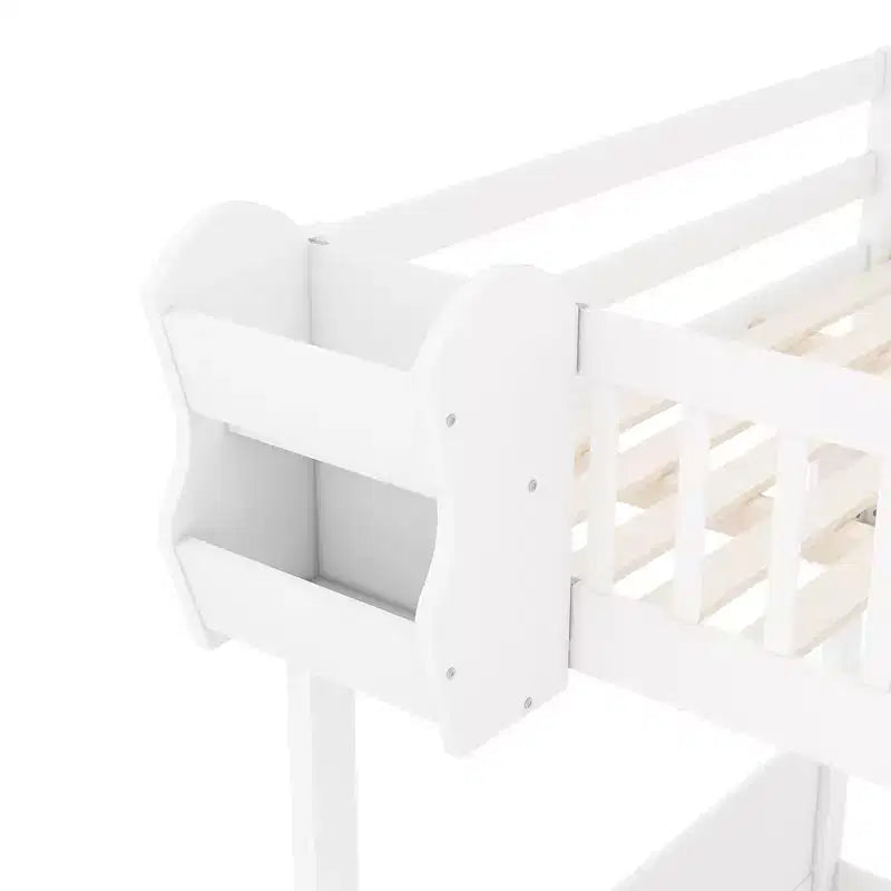 Lit mezzanine en bois Queen Size avec escalier et armoire, lit superposé haut avec espace sous le lit et étagères de rangement ouvertes pratiques pour enfants et adolescents